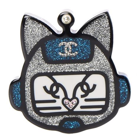 Chanel Resin Emoji Robot Cat Brooch Black Blue Silver